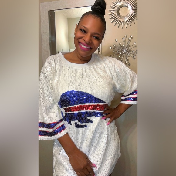 Sale‼️Buffalo Bills sequin dress. White Sequin T-Shirt with Blue and Red Buffalo - Picture 3 of 11